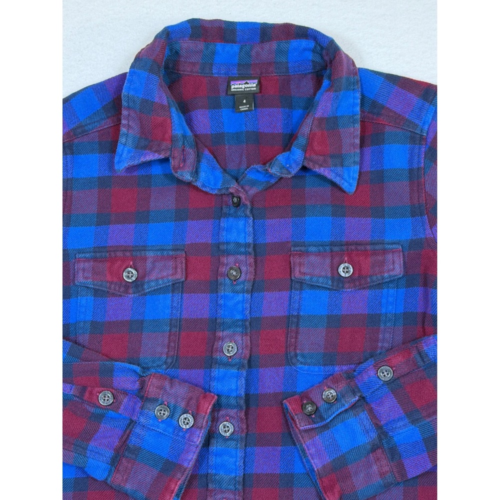 Patagonia Womens Heavy Flannel Shirt Blue Purple Plaid Organic Cotton size 4‎